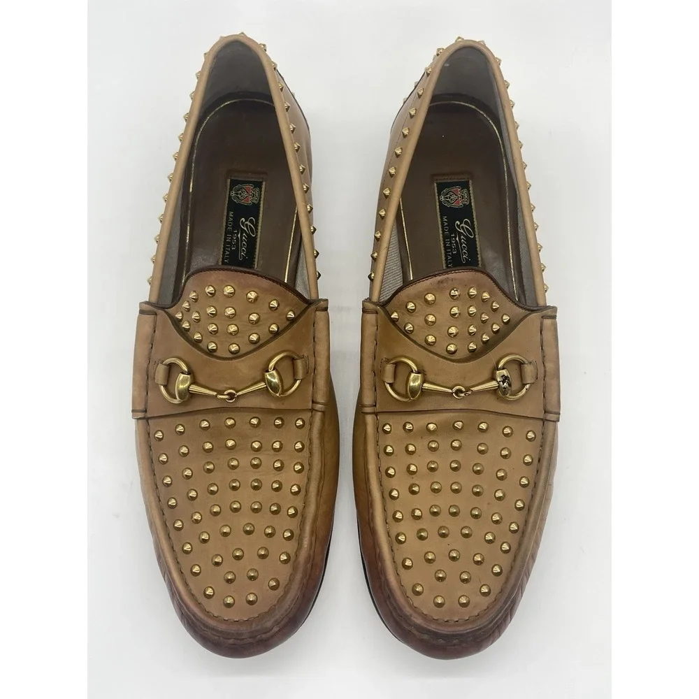 Gucci Mens Shoes Brown Leather Horsebit Loafers Studded Designer Us 12 Preppy